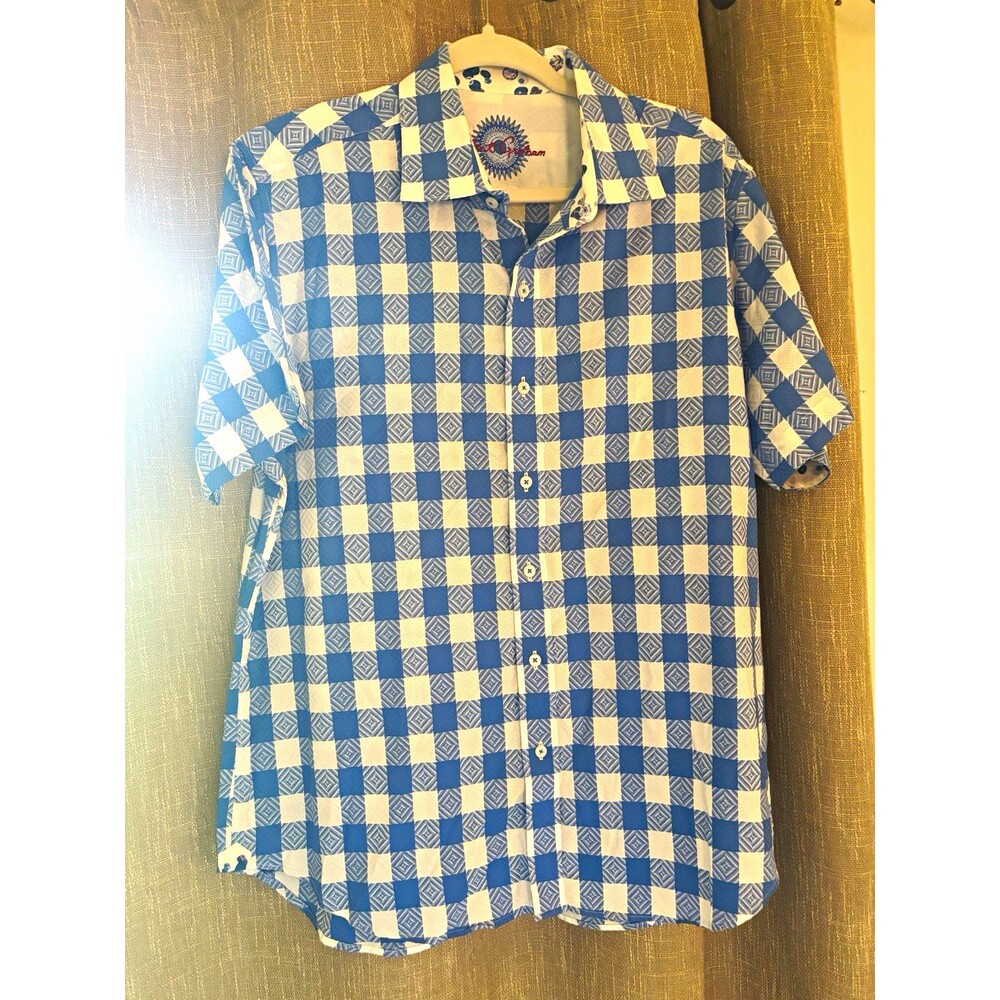 Robert Graham Shirt Men's L Short Sleeve Check Button-Up Woven Cotton Blue/White